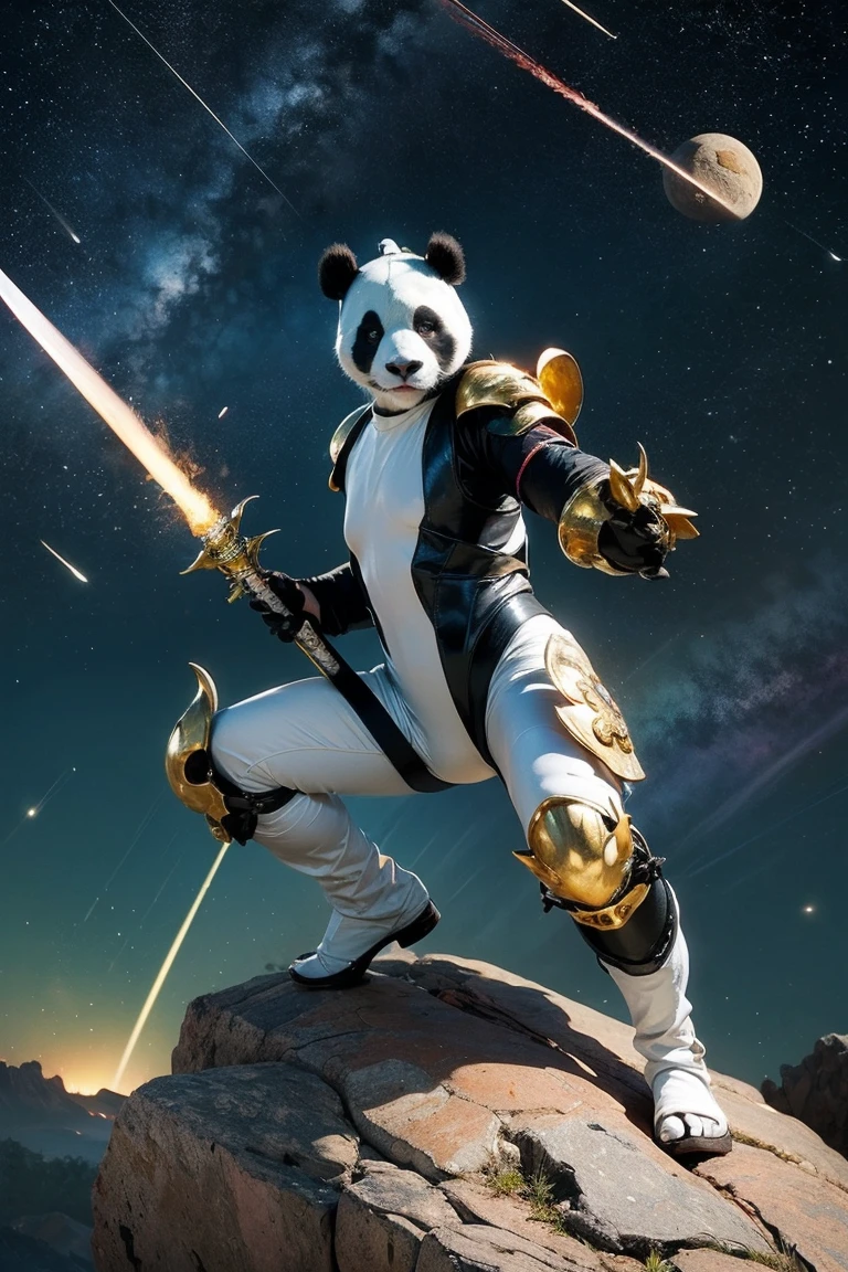 Highest quality, masterpiece, Realistic, High resolution, 8K RAW Photos, 1girl、Long Hair、goddess、Holding a decorated sword、Raise your sword、Glamour、(White bodysuit with panda motif、Gold Edge)、pendant、Earrings、(Action pose)、(On a rock on a planet where you can see a meteor shower)、(Many tentacles floating in the starry sky）、Panda Shield、Panda Missile、Panda Sword、Panda Armor、Attack with Panda、パンダの戦闘goddess、horn、