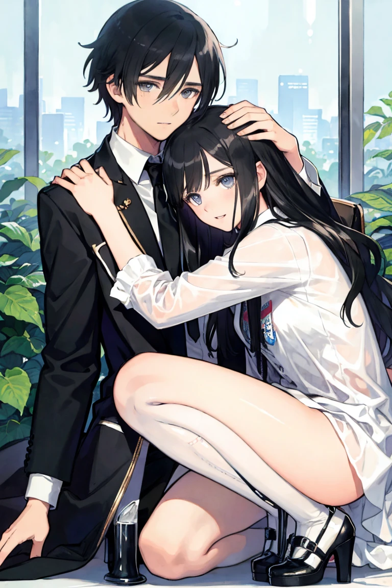 shy, hug, lovers, couple, man and woman, love, mature, a cat woman, she has freckles, she has dark brown eyes and an upturned nose, she is happy and smiling, she has long wavy hair, black hair, she is wearing aviator sunglasses with clear lenses in a soft watercolor style. The girl's clothes must be pink, purple, and blue in celebration of the bisexual, with stains of ink and watercolor mixing and filling the scene. he has blonde hair, he is handsome, he is slim. There should be a subtle, nuanced change in colors using the impasto technique with gouache paint. There should be a light rain in the watercolor painting with a little watercolor paper texture and a pastel background.