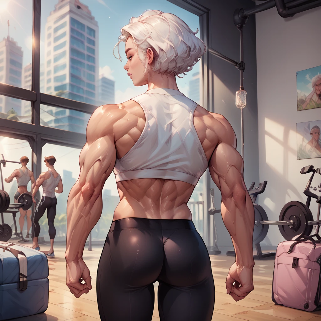Muscular girl with silk workout pants glued to muscular body, black long straight hair, Caucasian skin , eyes black, two meters tall, standing facing forward, Men&#39;s black matte silk shirt, tight on the chest, Gray body-hugging sleeveless blouse with black and white lines.