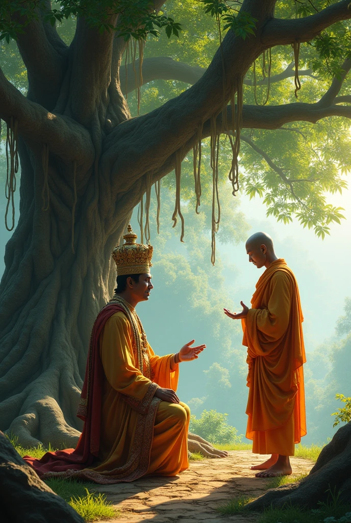 solemn Indian emperor kneeling before a Buddhist monk under a large banyan tree. The emperor looks humbled and enlightened, with a calm and serene expression. The monk, in simple saffron robes, is giving a blessing or offering teachings, with a peaceful, natural setting around them."