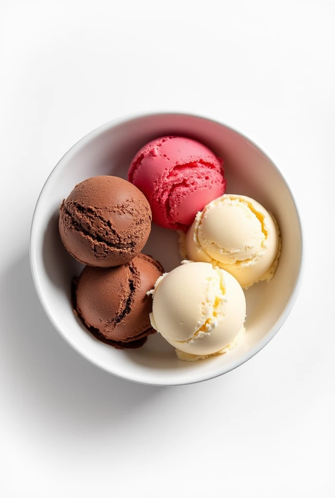 Top view of ice cream balls with various flavors in a white bowl, sweet dessert ball of chocolate, strawberry and vanilla, image without background.
