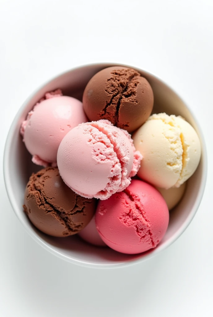 Top view of ice cream balls with various flavors in a white bowl, sweet dessert ball of chocolate, strawberry and vanilla, image without background.