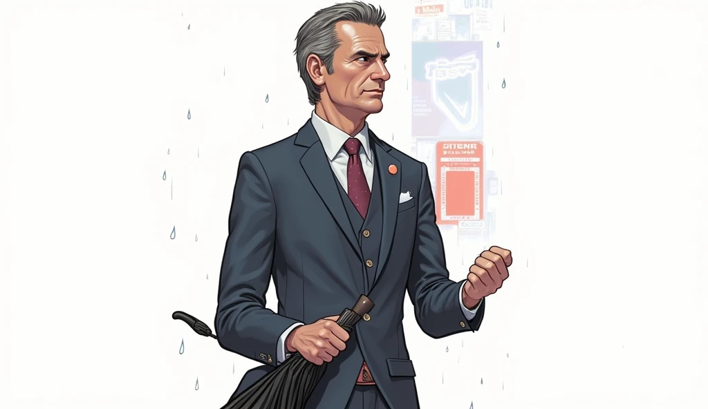 30 year old man in dark blue suit, walking in the rain with an umbrella in Times Square in New York. 