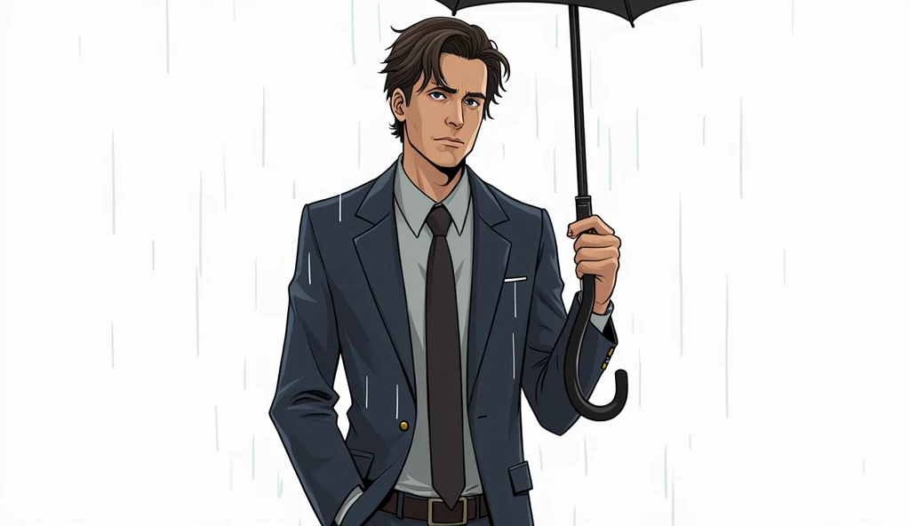 30 year old man in dark blue suit, walking in the rain with an umbrella in Times Square in New York.