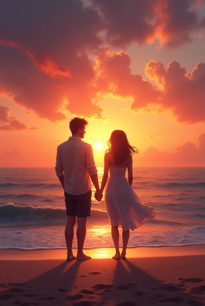 A man stand at a beach with gf and have sun set