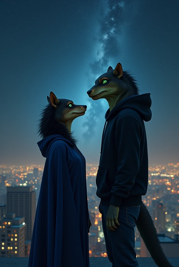 black and brown female werewolf,green-eyed wearing a navy blue cape , is next to a strong green reptilian male , wearing a black hoodie on top of a building looking at the stars