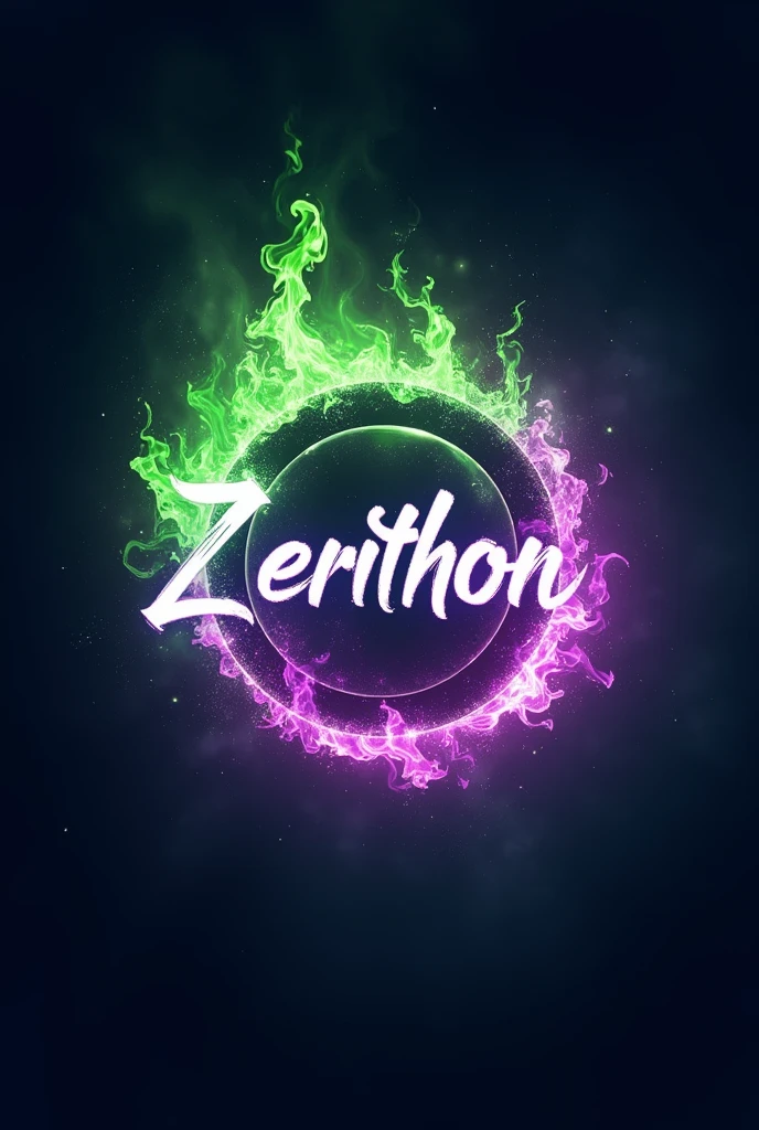 Generate a youtube "gaming channel logo"having the name as "Zerithon" with magical green and purple fire aura with a background upto the size of the namw in space