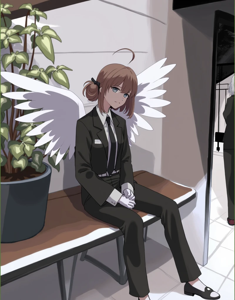 picture of a woman sitting on a bench with wings, 1girl, solo, brown hair, shirt, gloves, long sleeves, sitting, jacket, white shirt, wings, necktie, shoes, collared shirt, pants, white gloves, hair bun, black footwear, black jacket, grey eyes, blood, halo, black pants, single hair bun, plant, feathered wings, black necktie, angel wings, blood on face, white wings, angel, potted plant, anime style, from girls frontline, fine details. girls frontline, girls frontline universe, girls frontline style, girls frontline, girls frontline cg, soft anime illustration, 2 0 2 2 anime style, 2022 anime style, pixiv contest winner, pretty anime character design, render of april