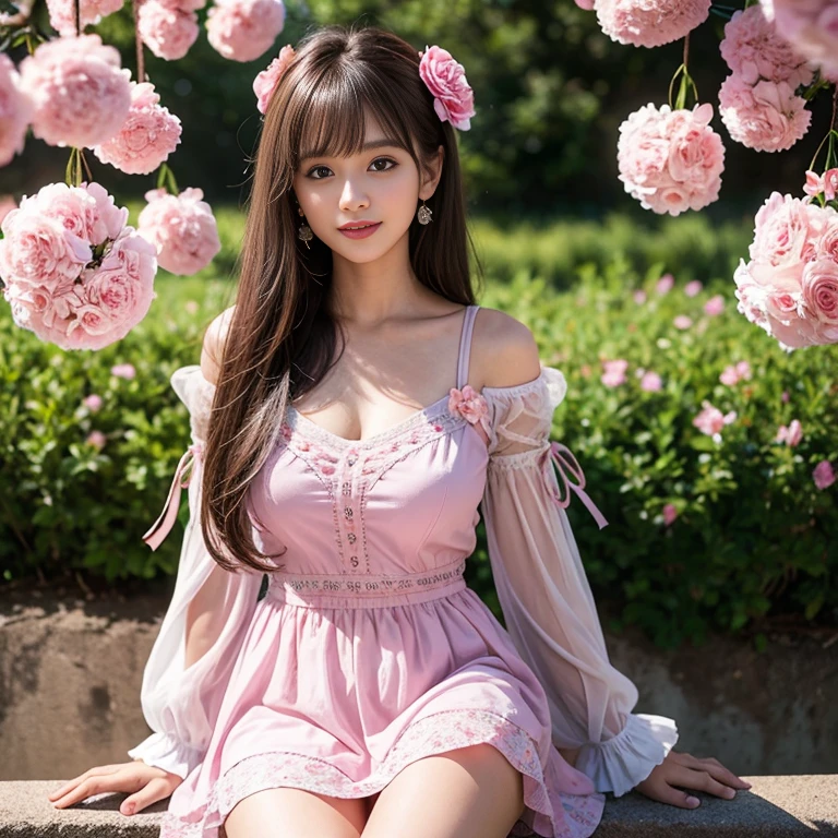 laughing out loud,travel scenery photos,Wear a sweet dress,Dress with pink flower pattern,Floral pattern scattered throughout the dress,Puff sleeves,Princess puff sleeves,Short sleeve,One-piece hem A-line skirt,(There is a layer of transparent mesh outside the skirt), Fluffy and lightweight dress,(The dress is made of mesh), There are pink ribbon bows on both sides of the collarbone.,A-line skirt with large hem,1 female, On the face, light brown hair, blunt bangs, hair behind ears, Shoulder-length hair, long hair, Slender body type, 超face slimming型, face slimming, delicate lips, beautiful eyes, Thin blush, Eyes are light brown,View here, (actual:1.3), One person's perspective, 8k, Super detailed, high quality, best quality, High resolution,2,above knee shot,Breast protrusion,Full breasts