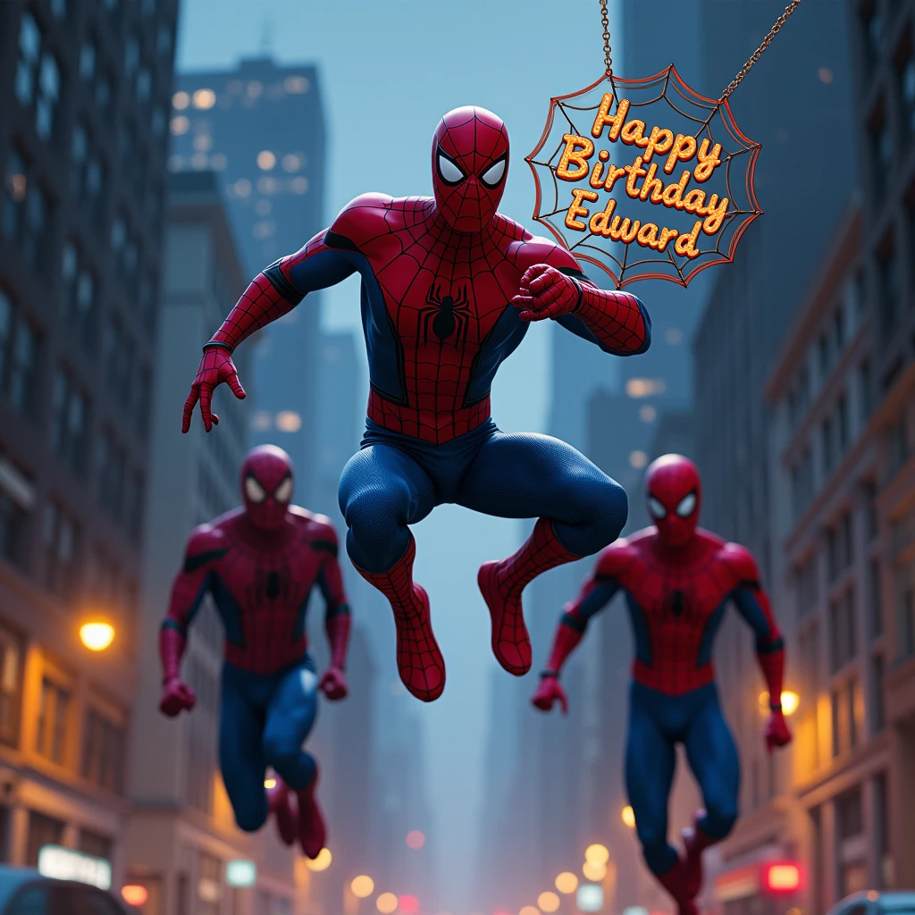 Spiderman jumping at night, with Happy Birthday Edward sign shaped like a spider web on top, 2 Spiderman following him with different suits 