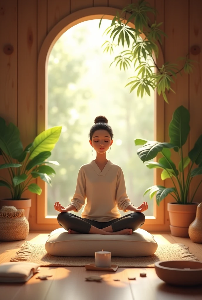 imageio: A cozy room and a person meditating in a peaceful environment.