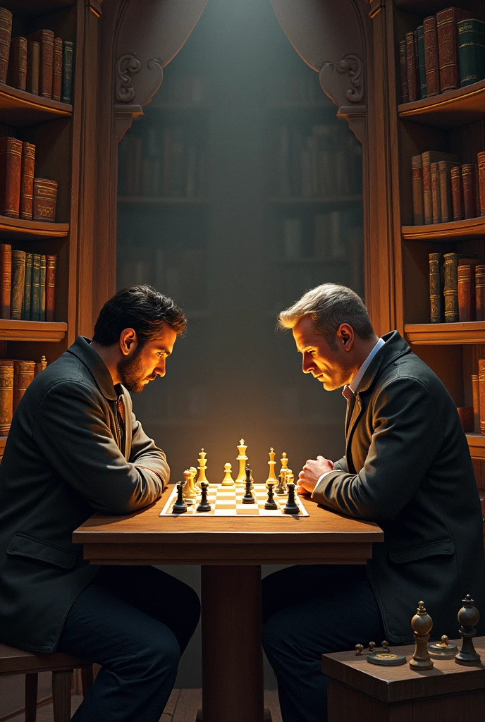 A game of chess with books in the background