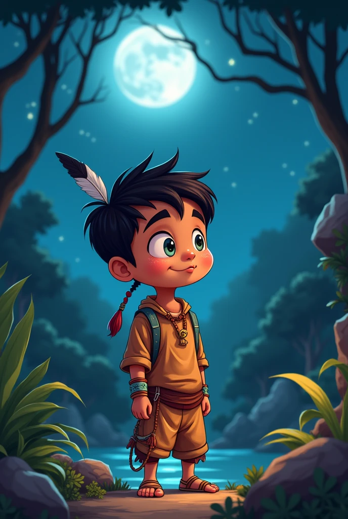 make a cartoon style indigenous boy resting standing looking around attentively at night
