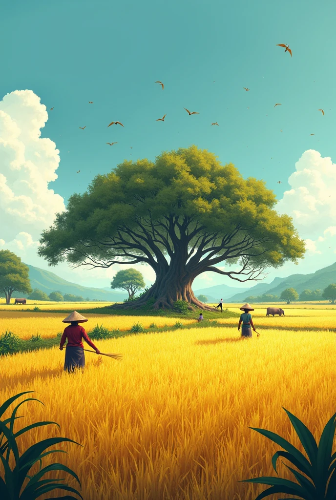 Golden ripe paddy fields where farmers are harvesting. A large banyan tree casts its shadow over the field, and birds are flying in the sky."