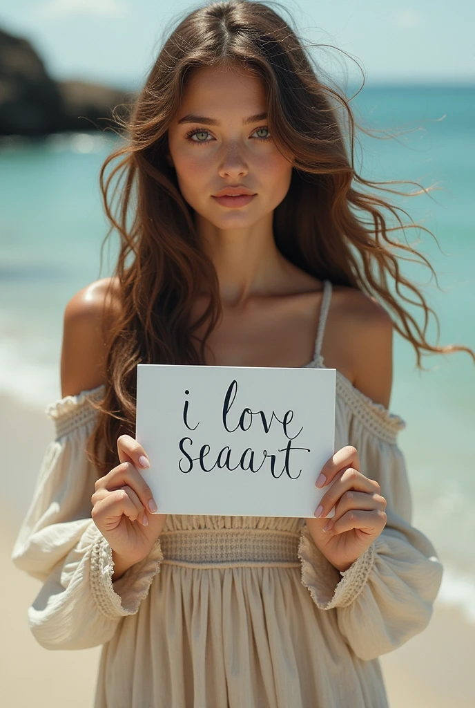 Beautiful girl with wavy long hair, bohemian dress, holding a white board with text "I Love Seaart Infinity" and showing it to the viewer