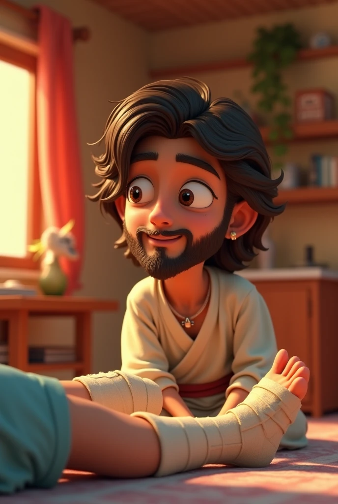 A 3D image in Disney-Pixar style of Jesus as a ager playing one of his friends broke his ankle and jesus went to see him