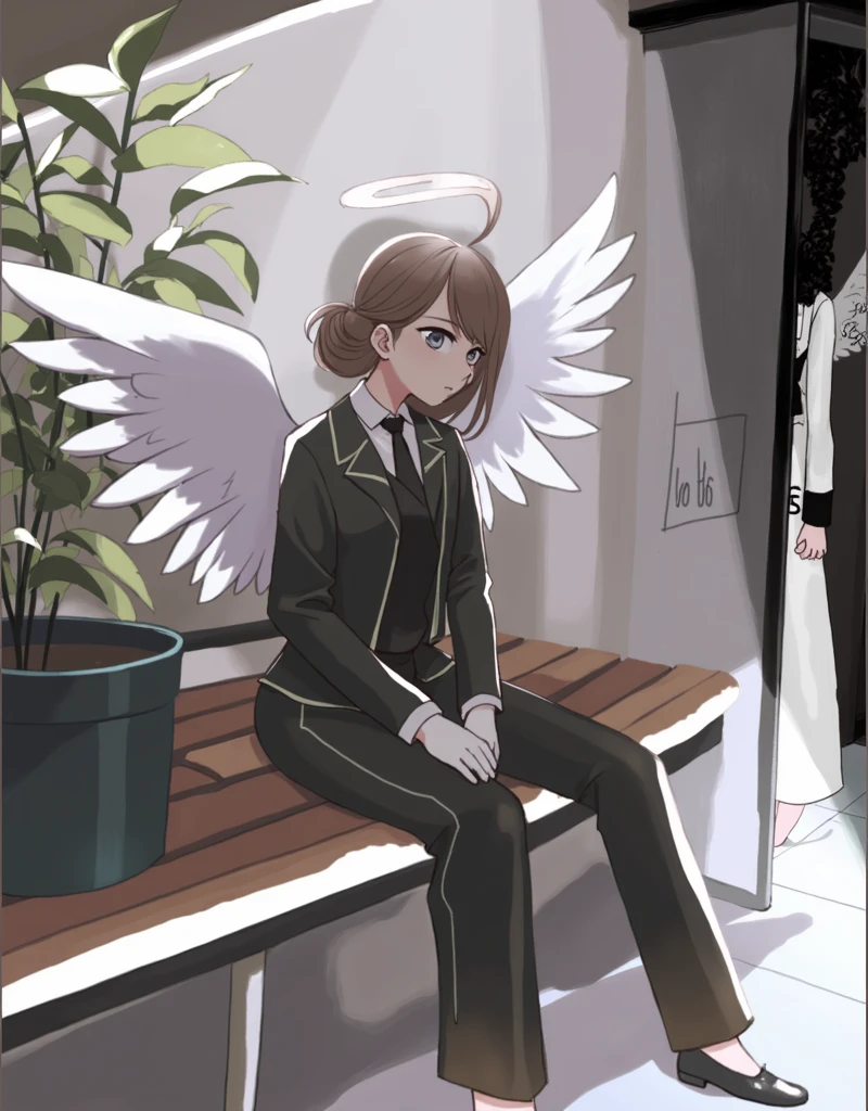 picture of a woman sitting on a bench with wings, 1girl, solo, brown hair, shirt, gloves, long sleeves, sitting, jacket, white shirt, wings, necktie, shoes, collared shirt, pants, white gloves, hair bun, black footwear, black jacket, grey eyes, blood, halo, black pants, single hair bun, plant, feathered wings, black necktie, angel wings, blood on face, white wings, angel, potted plant, anime style, from girls frontline, fine details. girls frontline, girls frontline universe, girls frontline style, girls frontline, girls frontline cg, soft anime illustration, 2 0 2 2 anime style, 2022 anime style, pixiv contest winner, pretty anime character design, render of april