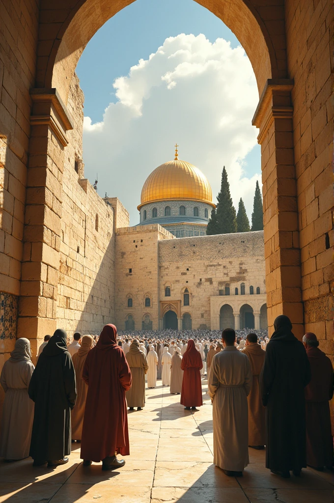 "A serene scene in Jerusalem featuring a group of Jews praying at the Western Wall on one side and Muslims praying at the Al-Aqsa Mosque on the other. The background highlights the ancient architecture of the Old City, with warm, golden sunlight casting a peaceful glow over the sacred sites. The image should emphasize the spiritual atmosphere and the historical significance of both religions in this shared holy space."