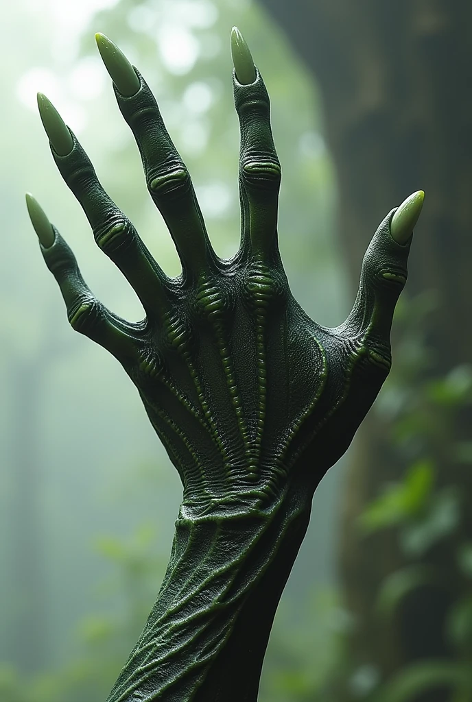 Female's hand is slightly streched and scales grow instead of skin. Color does not change. Hand also has huge webbed swim membranes between each finger and long, rounded up fingernails.