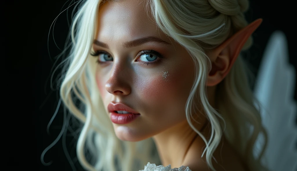 FAIRY WITH AN HYBRID FACE BETWEEN CLAUDIA SCHIFFER AND GISELE BUNDCHEN , BUST IMAGE STYLE, STUDIO IMAGE STYLE, BLACK INFINITE BACKGROUND, DIFFUSED LIGHTS ON FACE, STRONG BACK LIGHTS, CLOSE FACE SHOT, PLATINUM LONG HAIR, HUGE STRAIGHT LONG HAIR, BRAID HAIR STYLE, PLATINUM EYEBROWS, VERY PALE SKIN, ELF WOMEN, TOLKIEN MITHOLOGY, EXPOSED TIP EARS, HIGH CHEEKBONES, ROSY CHEEKS, GORGEOUS LIPS, SOFT LIPSTICK, GORGEOUS CURVY BODY, SOFT MUSCLES, VOLUMOUS BREASTS, STRAPLESS CLEAVAGE, WHITE VICTORIAN DRESS, ENIGMATIC FACE EXPRESSION, SIDE FACE VIEW, EYES LOOKING TO THE SIDE, TOLKIEN MITHOLOGY, HIGH QUALITY IMAGE, MASTERPIECE, 8K