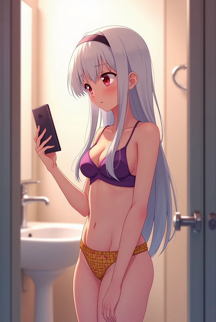 Anime girl alone in profile, small chest, height of 155 centimeters, long straight white hair and crimson red eyes, in underwear taking a selfie with shame, Purple bra with sexy yellow checks and wide orange panties with small pink heart prints, in the bathroom