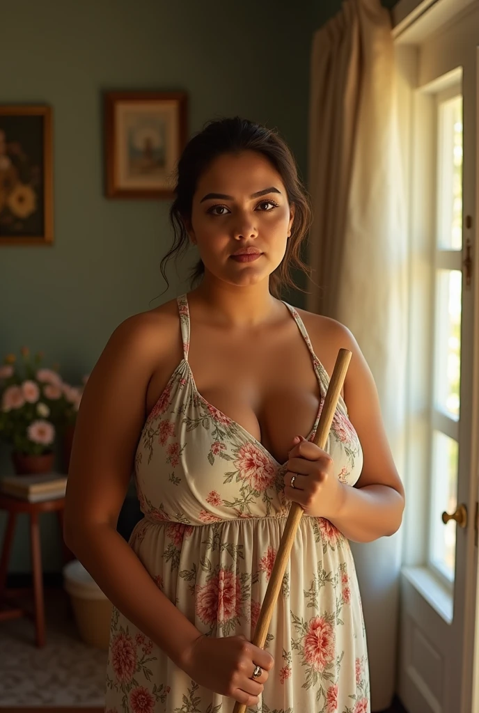 a beautiful indonesian woman, curvacious, tied hair, huge breasted, big breasts, wearing knee-lenght sleeveless floral pattern housedress, cleaning the house, holding broom in the living room, look at the viewer, natural light, realistic photography, wide angle shot, detailed facial features, intricate clothing folds, soft lighting, warm color tone, bathroom, photorealistic, cinematic composition, high quality, 8k, masterpiece