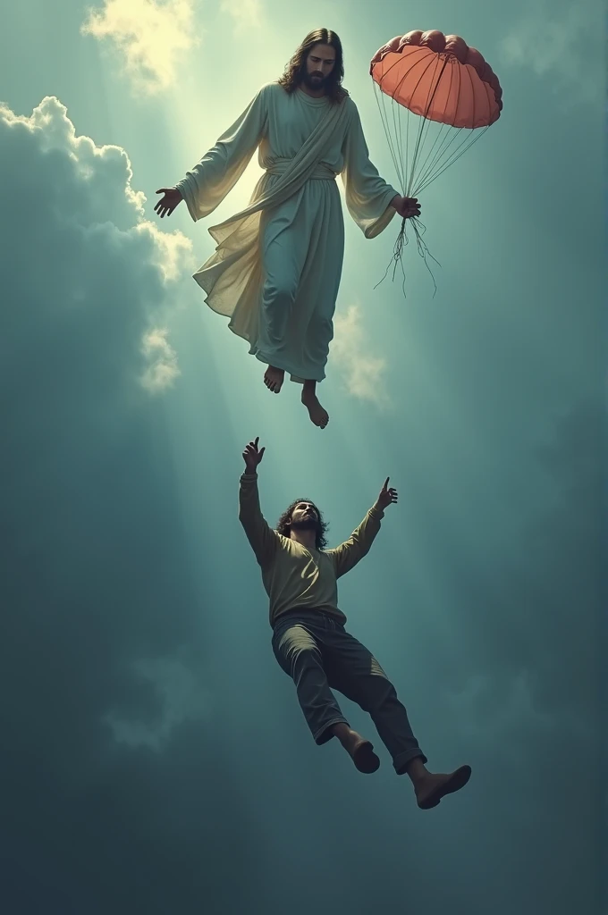 Man falling from a height ignoring Jesus Christ with a parachute in his hands trying to help him 