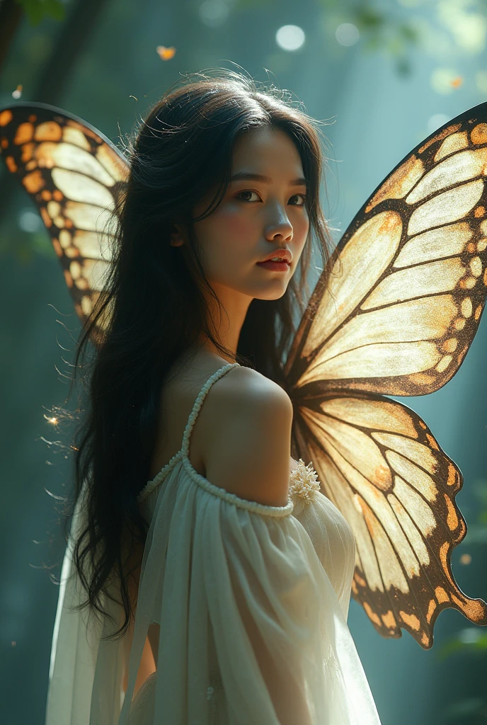 Make me a full body avatar, A pretty woman with long dark hair who is like a soul with butterfly wings which has the power to see her past lives