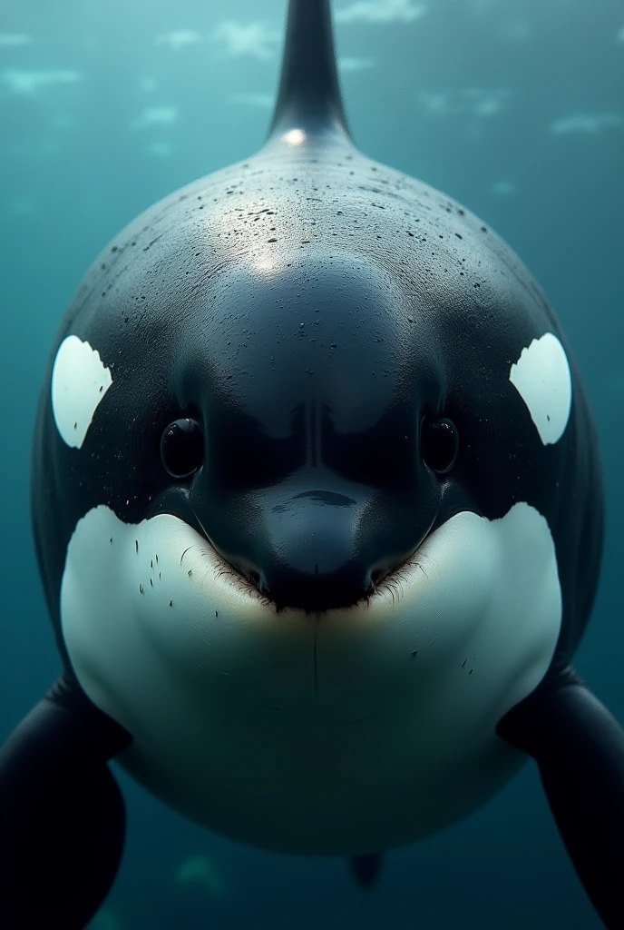 A close-up of a killer whale&#39;s face looking at the camera
