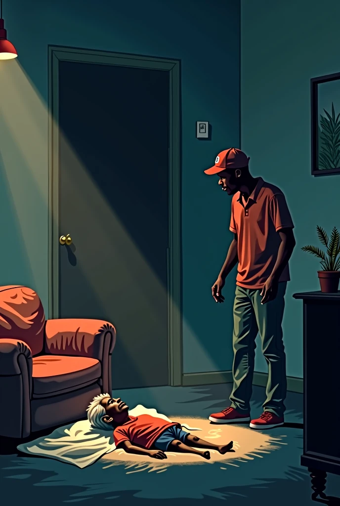 creates a vector image of a 30-year-old food delivery man who finds a 70-year-old man dead in the living room. Both are black