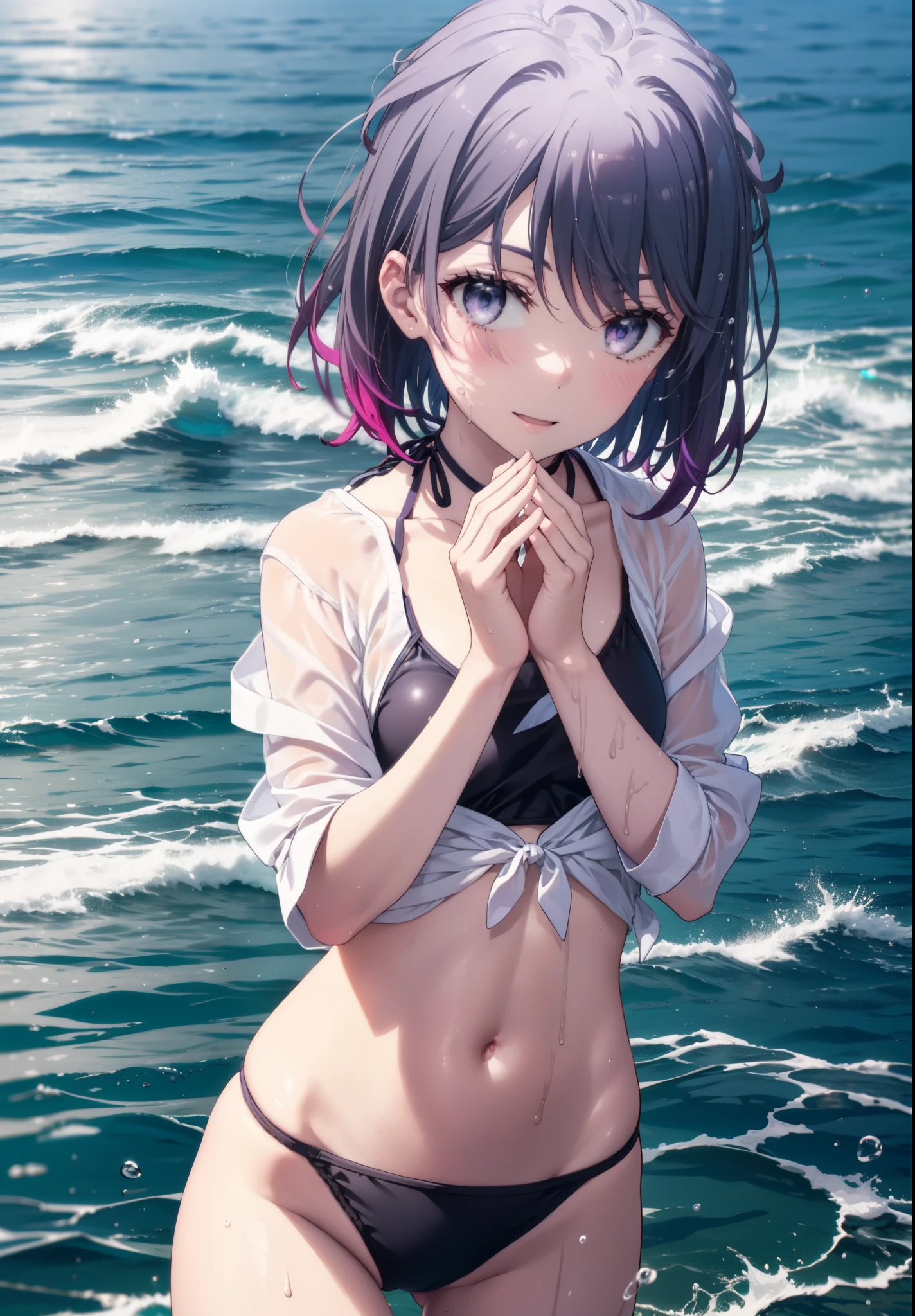 Haruno Yukinoshita, Haruno Yukinoshita, short hair, Hair between the eyes, (Iris:1.5), Black Hair, Gradient Hair, Two-tone hair, Purple Hair, smile,Open your mouth,
Black Bikini Swimsuit,barefoot,Wet swimsuit,Wet Hair,Wet Skin,Water Play,Daytime,Clear skies,True Summer,whole bodyがイラストに入るように,
break looking at viewer,whole body, (Cowboy Shot:1. 5),
break outdoors, Ocean,Beach,
break (masterpiece:1.2), Highest quality, High resolution, unity 8k wallpaper, (figure:0.8), (Beautiful attention to detail:1.6), Highly detailed face, Perfect lighting, Highly detailed CG, (Perfect hands, Perfect Anatomy),