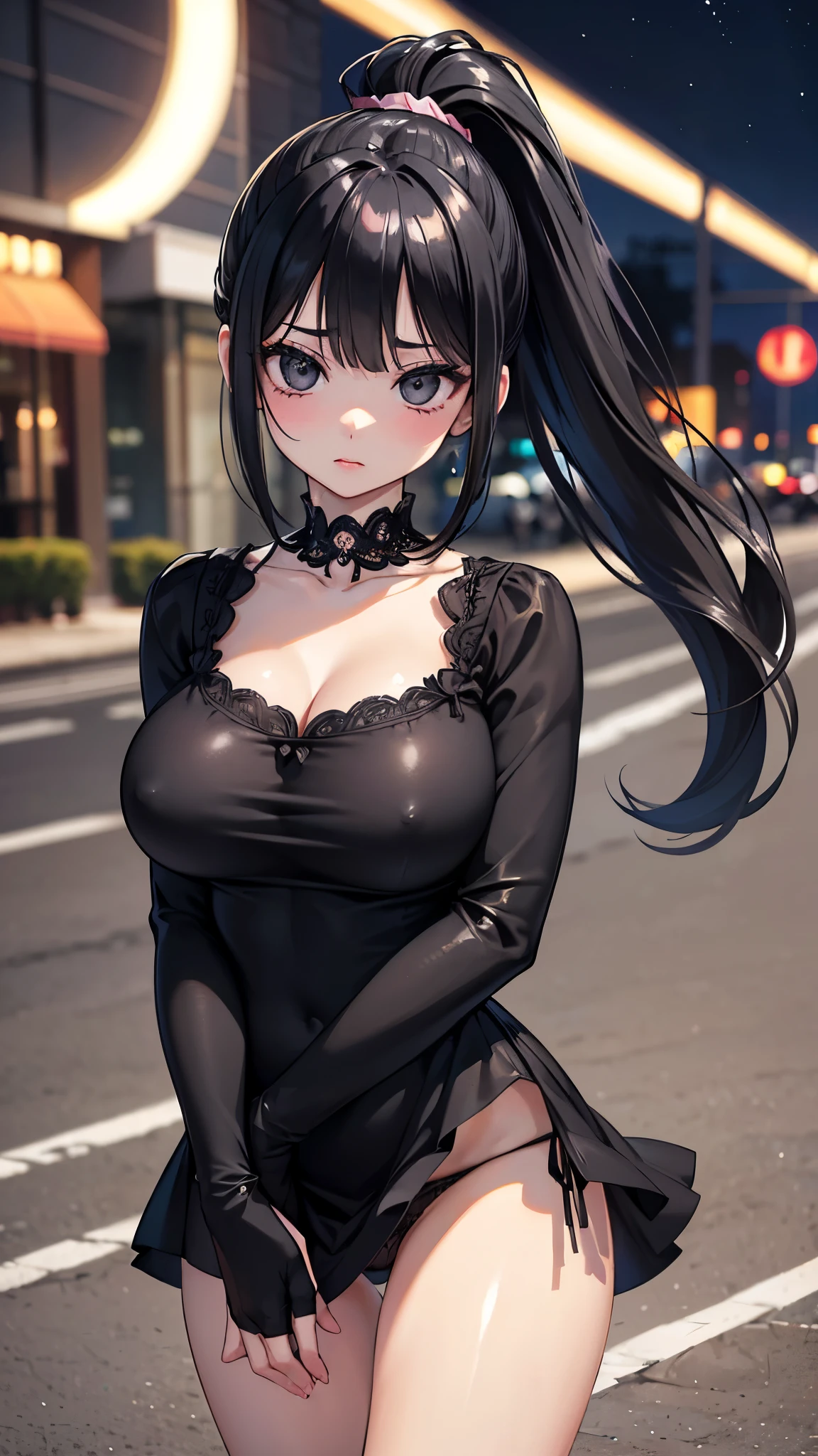 (masterpiece, 最high quality, 超High resolution, Very detailed), (Realistic:1.1, photoRealistic:1.4), Perfect illustration, Perfect lighting,Perfectly detailed hair, Perfect and exquisite face, Perfect collarbone, Perfect body,Juicy breasts, Perfect Thighs, Beautiful legs, View your audience, 1 person,Perfect Face, (Perfect Anatomy, Anatomically correct), Symmetrical face、((Shiny Hair)),Sexy Body、(masterpiece),(最high quality:1.3),8k,Very clear,(Ultra-realistic),Captivating woman,(high quality, High resolution, The finer details), Realisticなスタイルの女性,Juicy breasts、Perfect Woman、Perfect Face、Symmetrical face、、Cowboy Shot、((Big breasts))、blush、((Juicy lips))、(((Black hair in a ponytail)))、((Large, double-set black eyes、Long eyelashes))、(Red Makeup)、(((A perfect adult mini dress、Adult panties)))、(Healthy and well-developed body)、((Big tits jk))、(Outdoor、On the street at night)