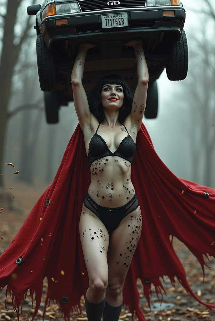 Sexy girl lingerie short black hair blue eyes big boobs bib butts muscled stockings boots undead vampire lifts a car over her head with super strength smiling with fangs her whole body is full of bullet holes that are crushed against her impenetrable steel skin and the bullets fall to the ground deformed she has a long red cape completely riddled with bullets "many grenade explosions all over his indestructible body"