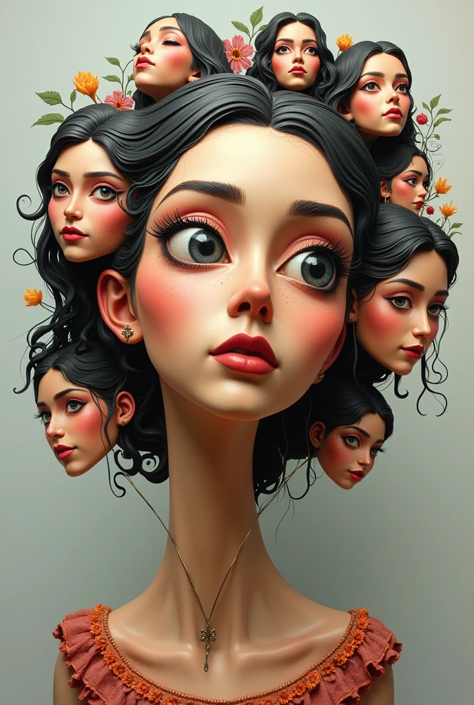 Expressionist artwork images of multiple floating ceramic heads of hispanic women, 3d collage style, make it weird and gallery worthy