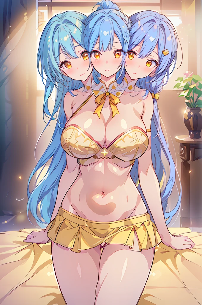 (masterpiece, best quality),best quality, (ultra-detailed), ((3heads:1.5)), three headed girl, 1girl, (label girl (dipp):1.3), masterpiece, ultra quality, ultra resolution, ultra detail, white top, crop top, ((stomach)), midriff, ((groin)), red skirt, normal ears, shackles, blue hair, very long hair, wavy hair, (blunette:1.5), sidelocks, yellow eyes, detailed eyes, parted lips, soft smile, smiling, open belly, sweat, cute, toned belly, hand on own chest, eyelashes, (2 woman:1.3), (masterpiece:1.5), (best quality:1.5), (beautiful detailed extremely detailed CG, extremely delicate and beautiful, depth of field, (finely detailed face), (perfect details:1.2), (mature female:1.3), wide pelvis, slender, large veiny breast, 16k resolution, highres, high quality, high definition, extremely detailed, masterpiece, best quality, blue hair, long hair, alluring presence, braid, short skirt, close up, very big tits, very huge tits, young, star hair ornament, yellow ribbon, side ponytail, cabbie hat, hair ornament, three heads, girl with three heads, three headed girl,