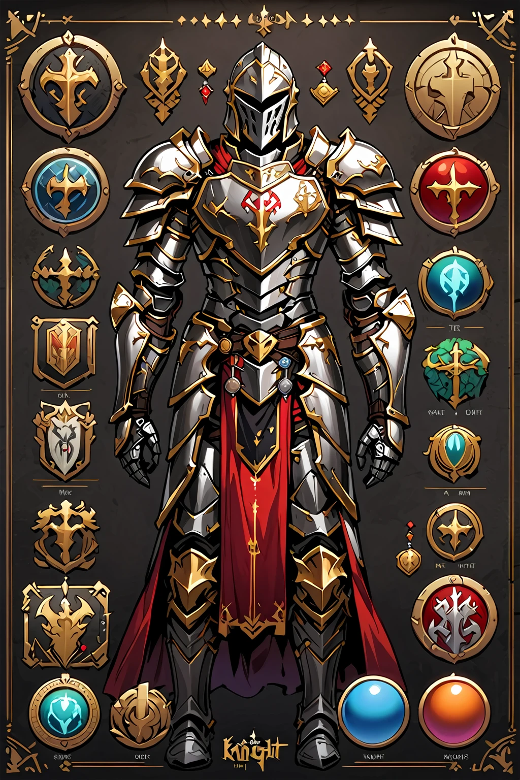 Framed Presentation of a knight, man character design sheet for a video game with detailed accessories, metal armor, multiple icons, and fantasy knight clothes, Ball Gown, buttons to customize the character to your liking, sphere,(game icon),medal icon,rpg,(holy icon),