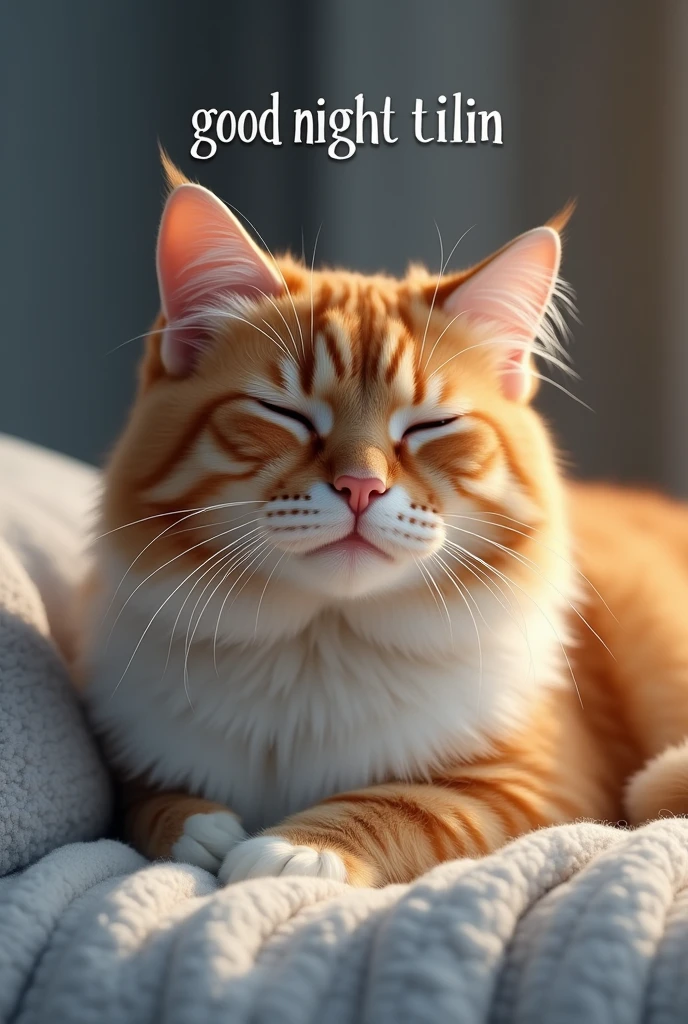 A photo of a realistic cat that has a text and says good night tilin