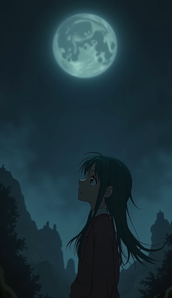 DVD screen grab, from 1980's dark film, low resolution dark candid, in the style dark fantasy, hatsune miku looking up at a floating orb, dark fantasy background
