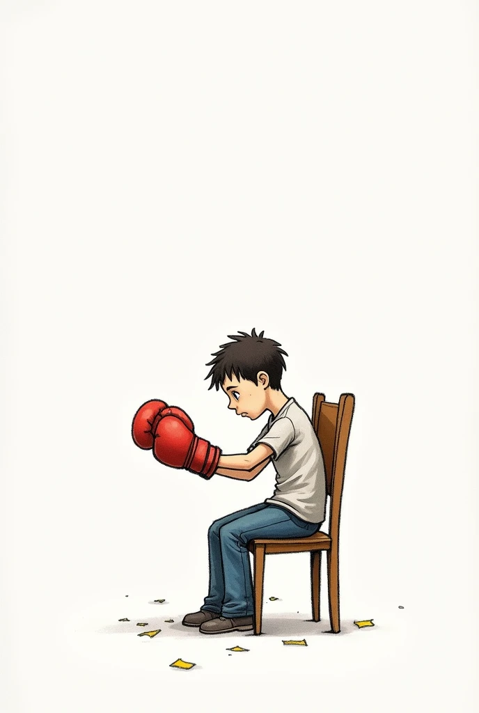 A very simple image of a drawing on paper (scribble) of a boy sitting in a chair (standing alone) using a boxing glove, I want a symbolic image as if he were fighting with himself