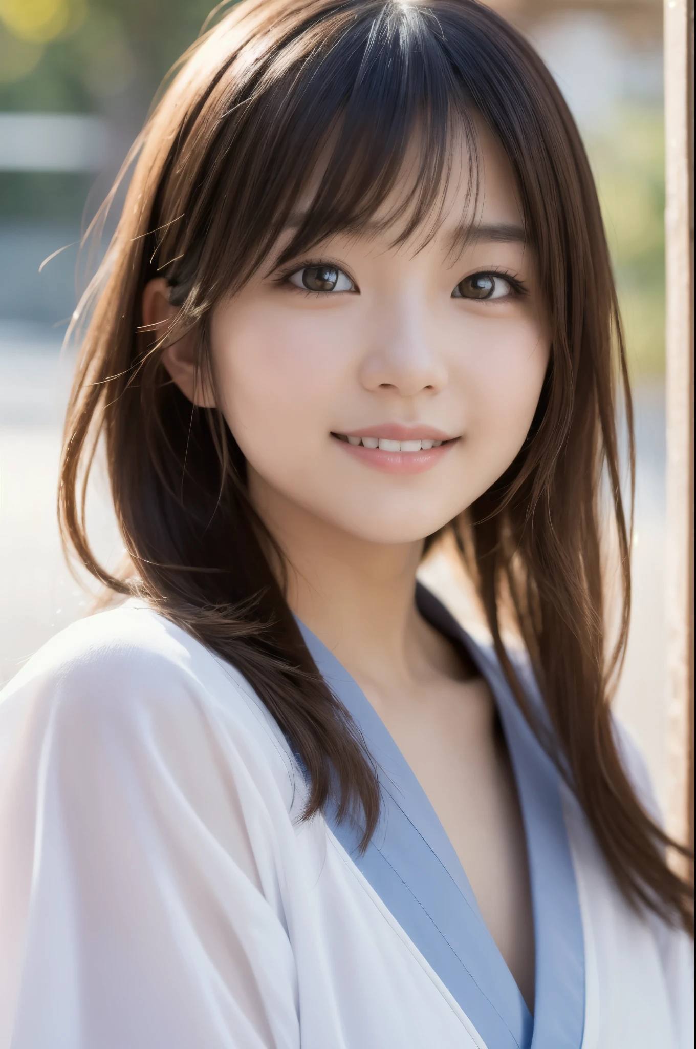 best quality, face focus, soft light, ultra high res, (photorealistic:1.4), RAW photo,(Shinozaki Ai), (fair skin), (kawaii),
1 Japanese girl, solo, cute, smile, (pupil, lights in the eyes), detailed beautiful face, Medium-sized breasts,(high resolution detail of human skin texture),(long hair),(portrait), upper body, white traditional kimono, A sunny afternoon