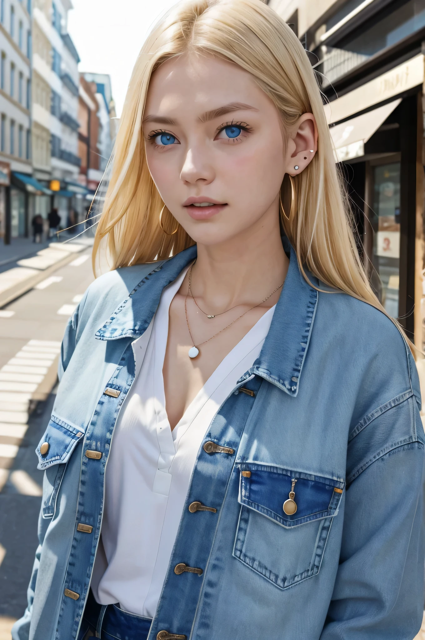 Clean white woman、、Blonde、blue eyes、、Open your mouth a little、Denim jacket、shirt、ear piercing、necklace、、The background is a city street