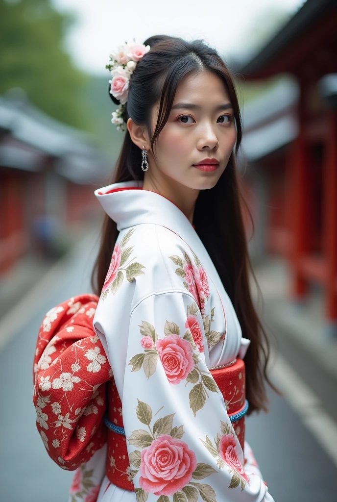 2 Japanese woman、White kimono with floral pattern、The whole body is shown、The eyes are double、Long Hair、Not facing forward Japan、Kyoto temple road、Being photographed、Photographer style
