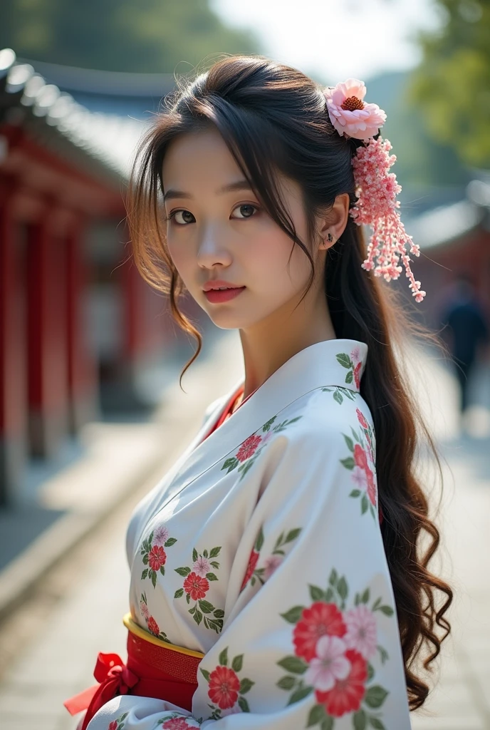 2 Japanese woman、White kimono with floral pattern、The whole body is shown、The eyes are double、Long Hair、Not facing forward Japan、Kyoto temple road、Being photographed、Photographer style