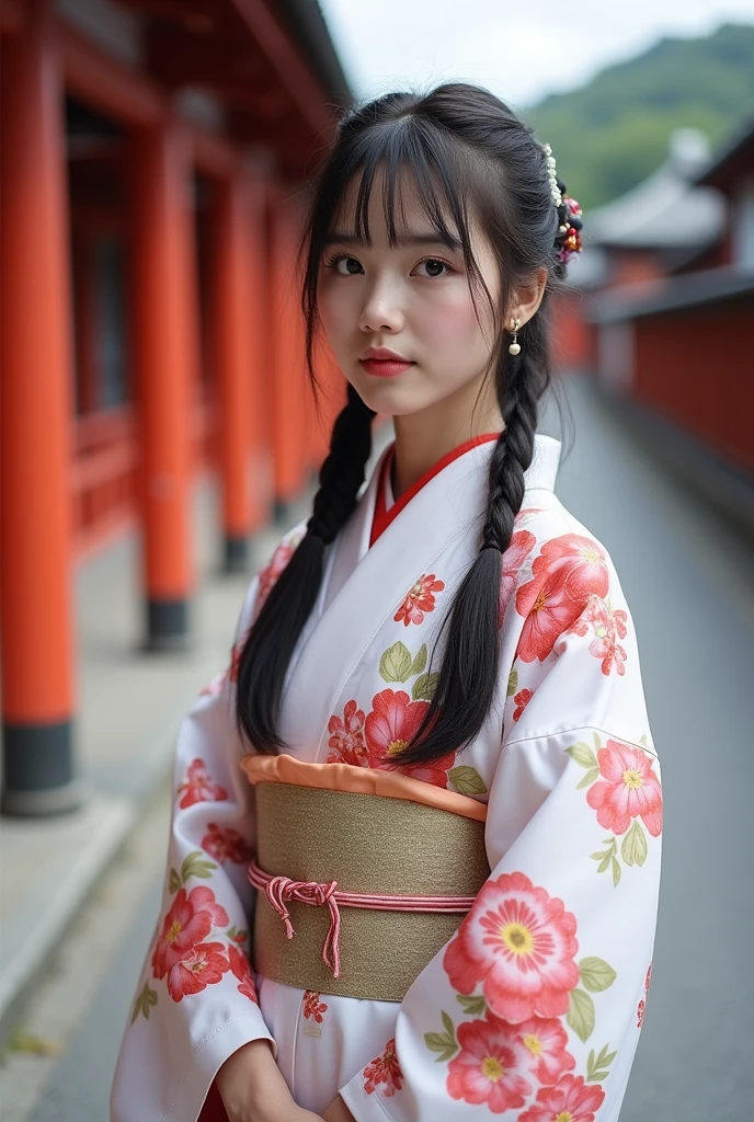 2 Japanese woman、White kimono with floral pattern、The whole body is shown、The eyes are double、Long Hair、Not facing forward Japan、Kyoto temple road、Being photographed、Photographer style
