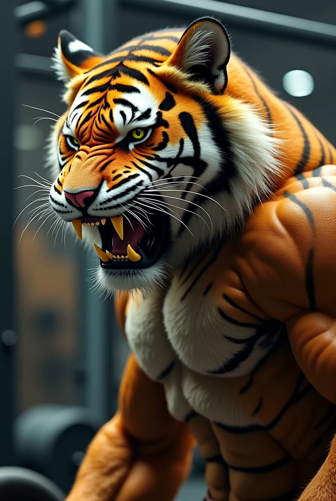 Humanoid tiger full of hair Gym training Aggressive look Bust only