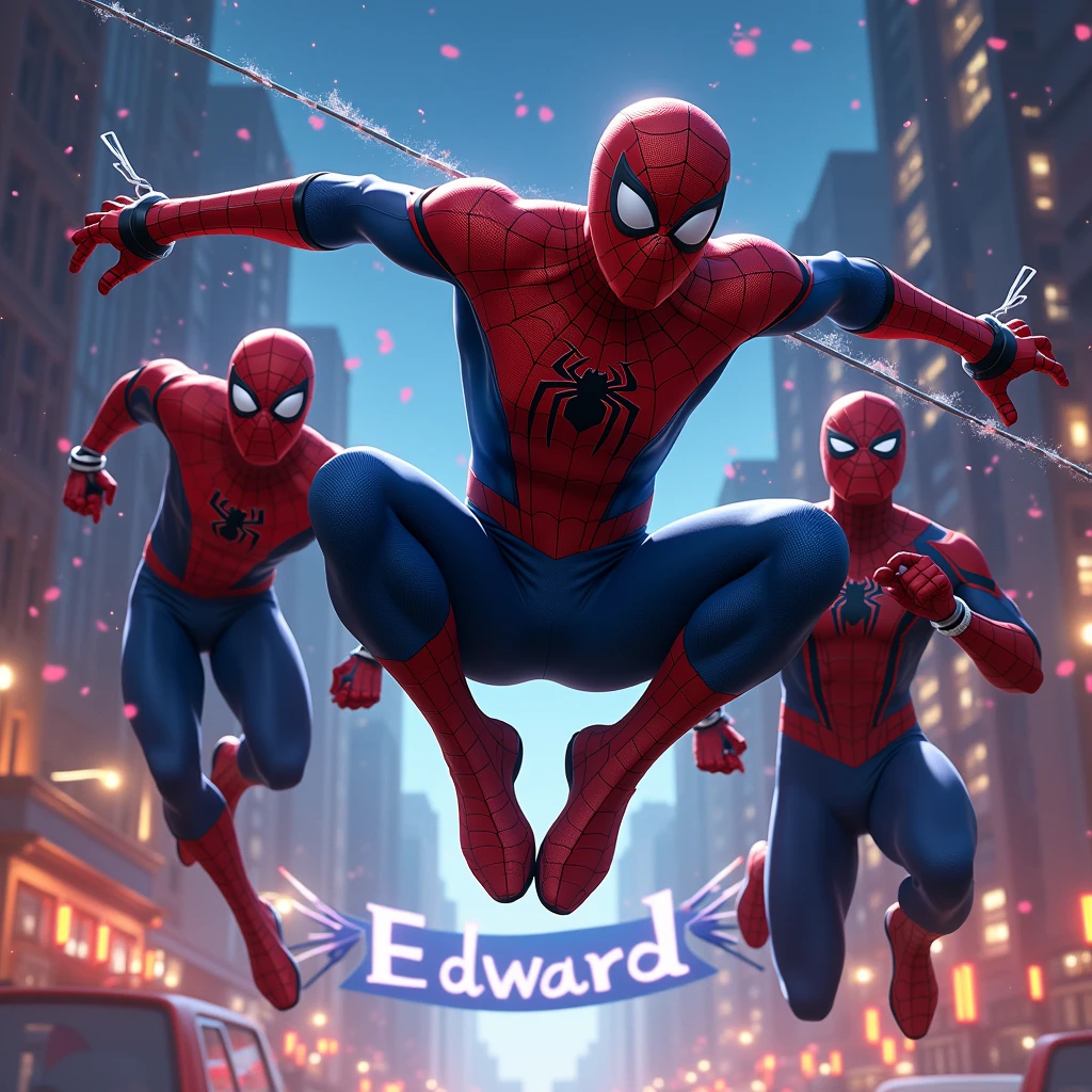 Spiderman jumping at night, with a happy birthday Edward sign in Spanish with a spider web shape on top, 2 Spiderman following him with different suits 