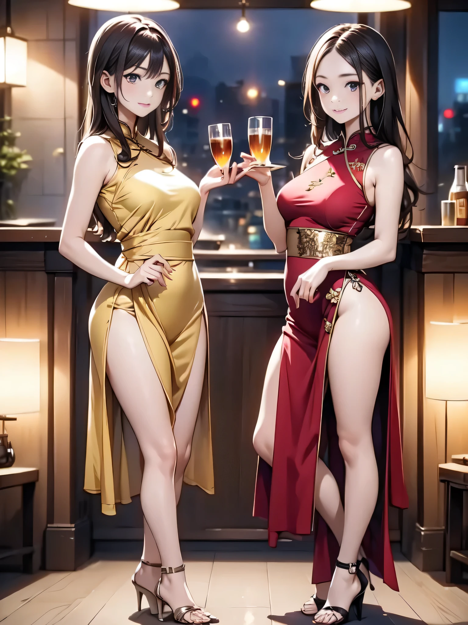 (masterpiece:1.3),(best quality, highest quality),((Full Body Shot,Including face)),1girl,Standing position,4K,masterpiece,((Focus on the face)),((Symmetrical facial features)),Beautiful woman,(slender,Beautiful feet),((High heels、Sandals)),Detailed depiction of the face,bar counter,Cafe,Realistic,,Eyes warp,Red and gold long dress,Chinese clothing,night,Spotlight,Short slit,