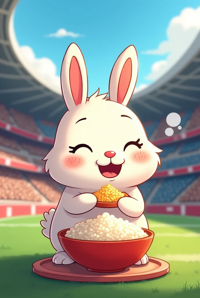 Cartoon of a rabbit eating a bowl of rice, in the background a football stadium