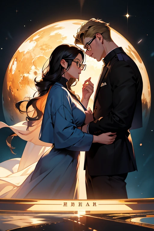 Romance book cover, with the name Flow of time silhouette of a young couple Tall blond boy, wears glasses girl has long black hair and she wears glasses Background with universe depicting time
