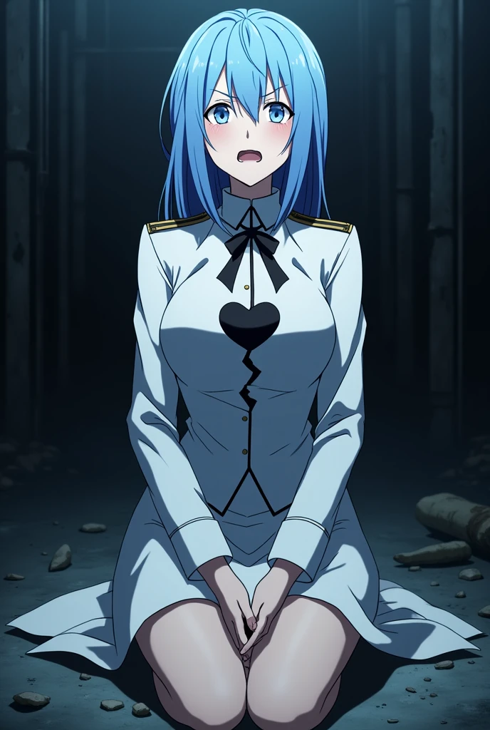 Can you create an image where I can save Esdeath?? Please, She died on her knees looking up and wailing, She had a white uniform, blue eyes, blue hair, a wide black ribbon around his neck, on the part of his chest below his neck a dark broken heart... era de Akame ga kill, Please.